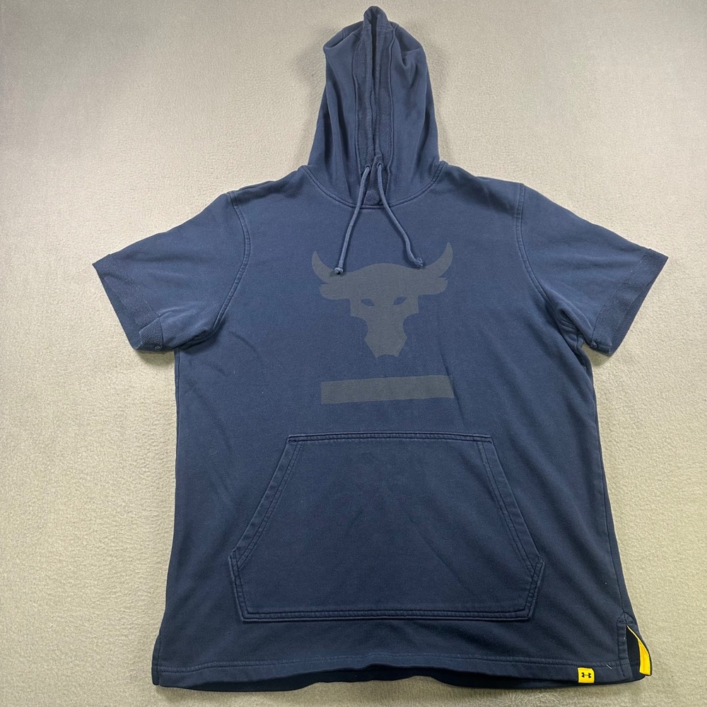 Under Armour Project Rock Mens Navy Blue Short Sleeve Hoodie Brahma Bull Medium